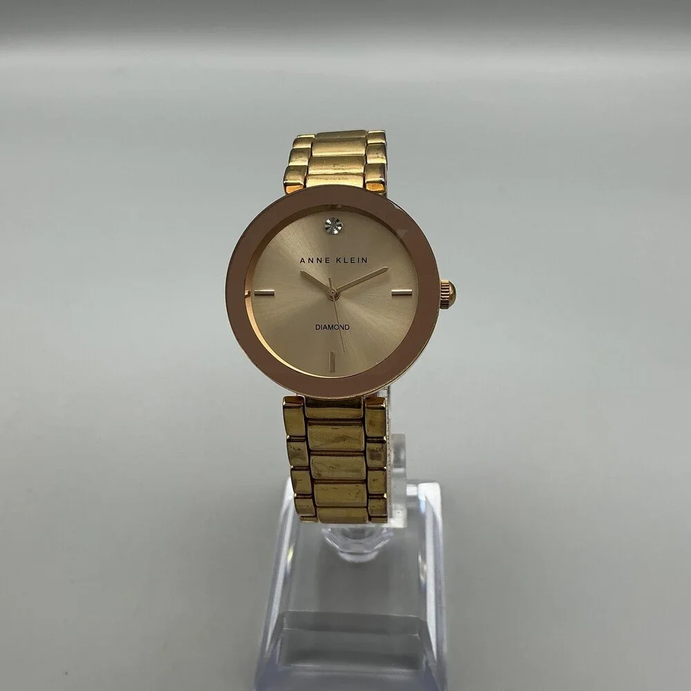 Anne Klein Womens Watch 32mm Champagne Dial Gold Tone Diamond New Battery 7.25